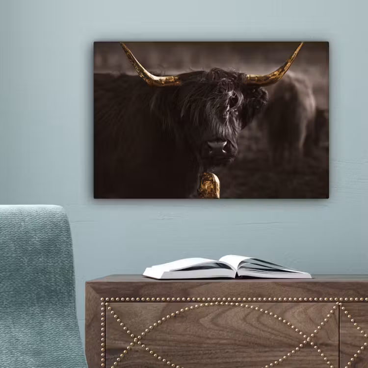 Schotse hooglander - Goud - Koebel - Hoorns - Dieren canvas 2cm klein -sfeer4