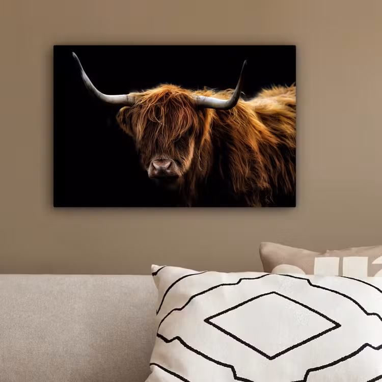 Schotse Hooglander - Horens - Zwart - Dieren - Natuur - Wild - Koe canvas 2cm klein -sfeer3