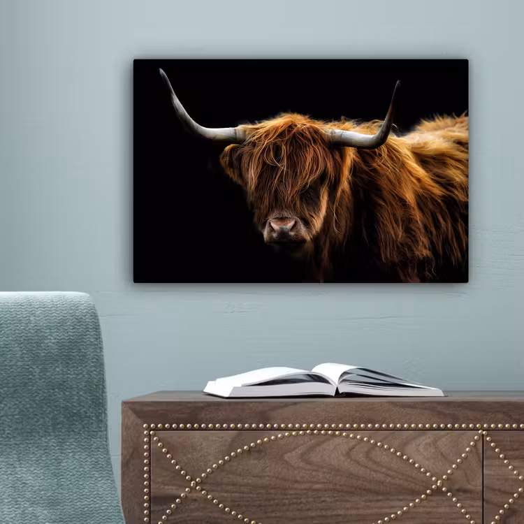 Schotse Hooglander - Horens - Zwart - Dieren - Natuur - Wild - Koe canvas 2cm klein -sfeer4
