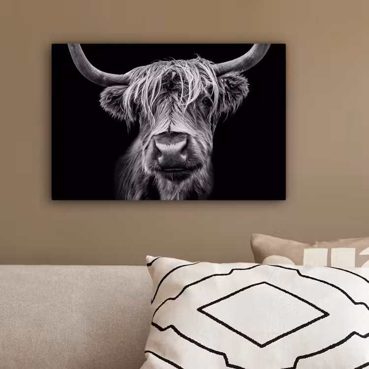 Schotse Hooglander - Horens - Zwart - Wit - Koe - Wild - Dieren canvas 2cm klein -sfeer3