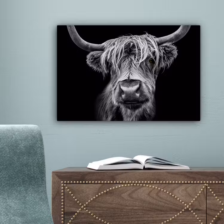 Schotse Hooglander - Horens - Zwart - Wit - Koe - Wild - Dieren canvas 2cm klein -sfeer4