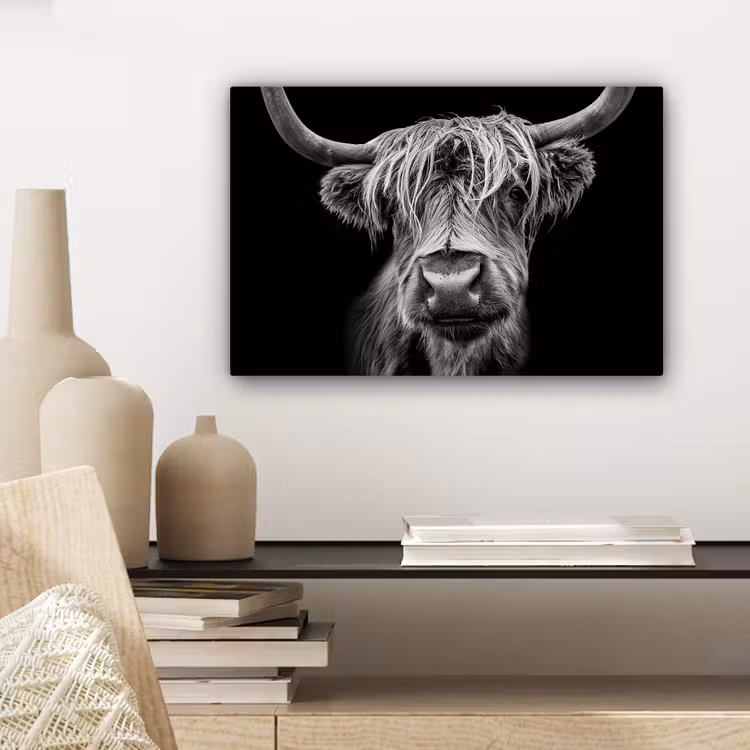Schotse Hooglander - Horens - Zwart - Wit - Koe - Wild - Dieren canvas 2cm klein -sfeer6