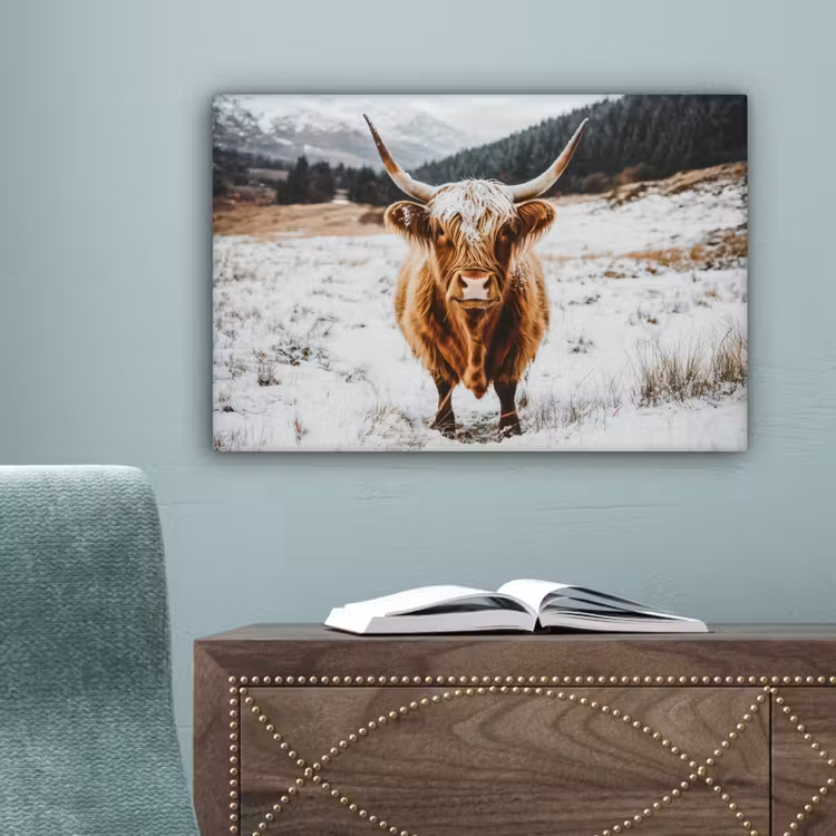 Schotse Hooglander - Landschap - Sneeuw - Bergen - Winter canvas 2cm klein -sfeer4