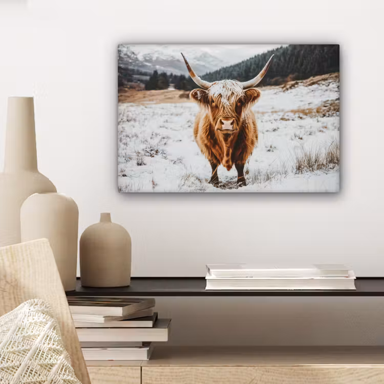 Schotse Hooglander - Landschap - Sneeuw - Bergen - Winter canvas 2cm klein -sfeer6