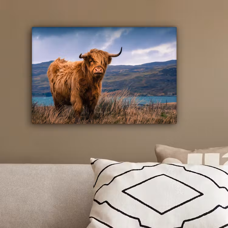 Schotse Hooglander - Berg - Water - Natuur - Koe canvas 2cm klein -sfeer3