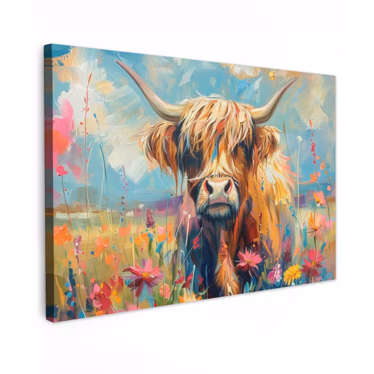 Schotse hooglander - Natuur - Kleurrijk - Bloemen canvas 2cm klein -z3d