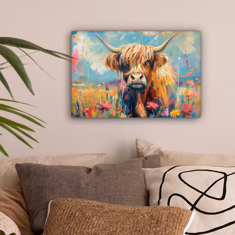 Schotse hooglander - Natuur - Kleurrijk - Bloemen canvas 2cm klein -sfeer1