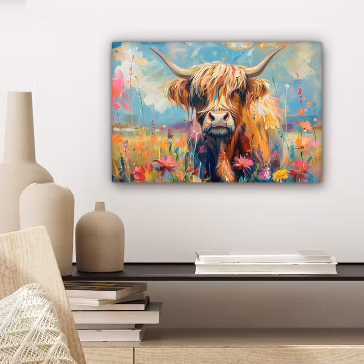Schotse hooglander - Natuur - Kleurrijk - Bloemen canvas 2cm klein -sfeer6