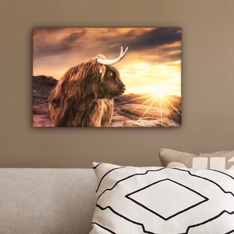 Schotse hooglander - Zon - Horizon - Koe - Dieren canvas 2cm klein -sfeer3