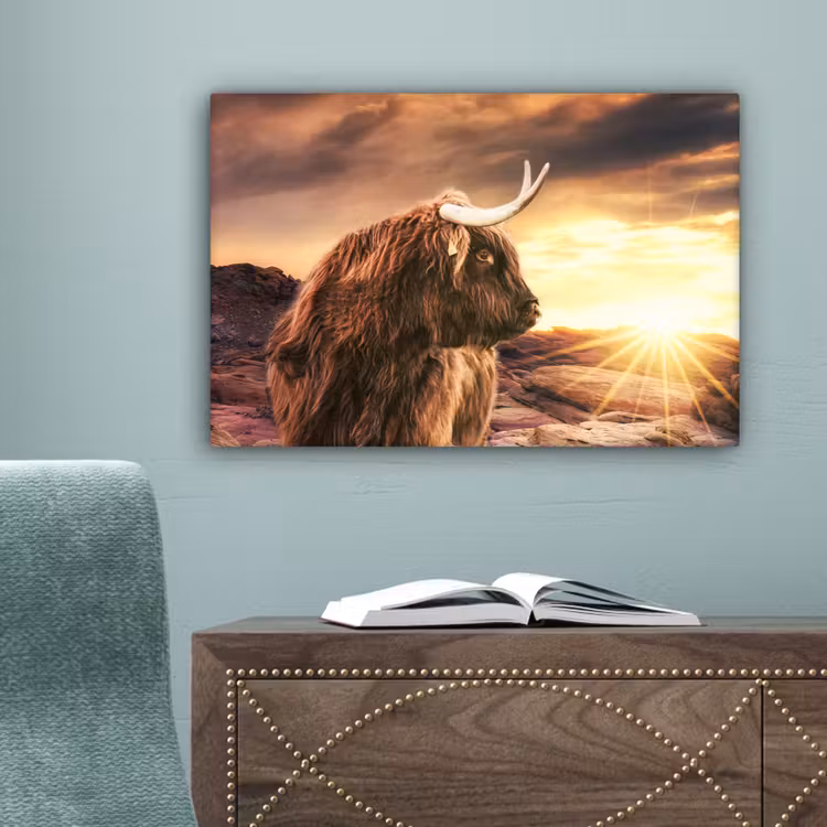 Schotse hooglander - Zon - Horizon - Koe - Dieren canvas 2cm klein -sfeer4