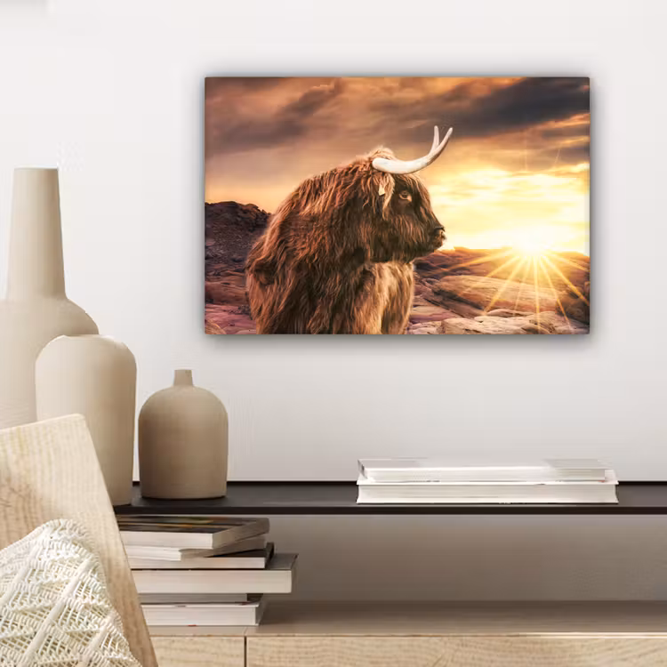 Schotse hooglander - Zon - Horizon - Koe - Dieren canvas 2cm klein -sfeer6
