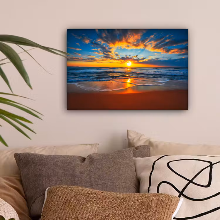 Zee - Zonsondergang - Strand - Wolken - Oranje canvas 2cm klein -sfeer1