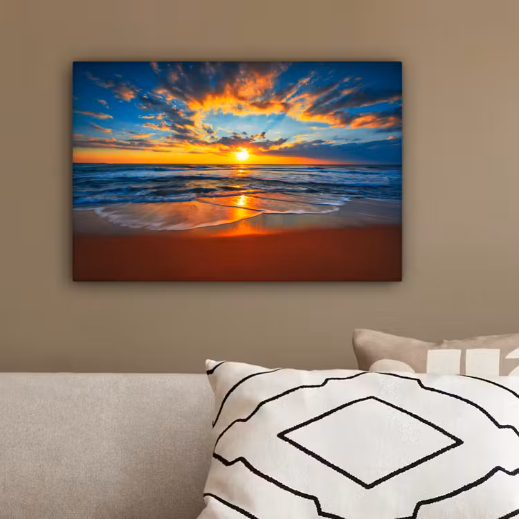 Zee - Zonsondergang - Strand - Wolken - Oranje canvas 2cm klein -sfeer3