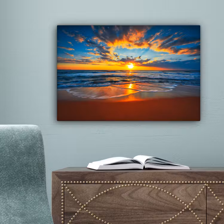 Zee - Zonsondergang - Strand - Wolken - Oranje canvas 2cm klein -sfeer4