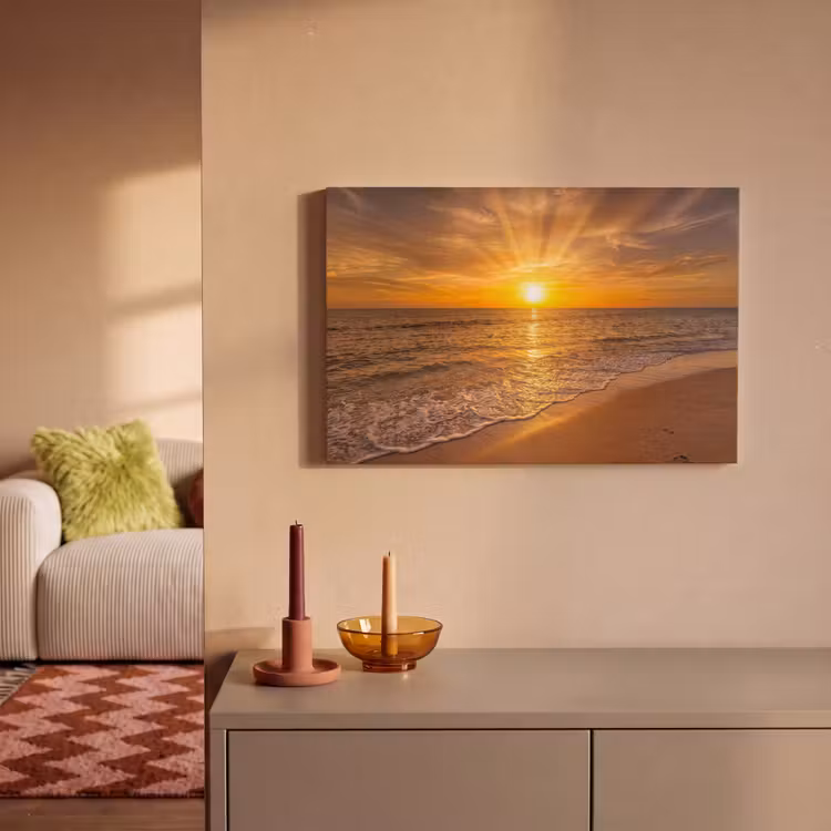 Zee - Zonsondergang - Golven - Kust - Oranje canvas 2cm klein -sfeer1