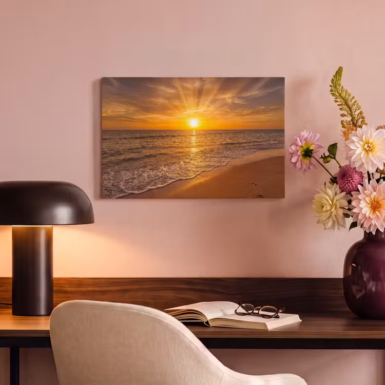 Zee - Zonsondergang - Golven - Kust - Oranje canvas 2cm klein -sfeer4