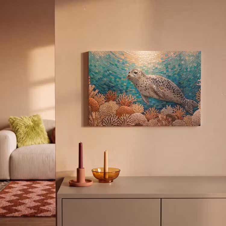 Zeehond - Mozaïek - Onderwater - Dieren - Blauw canvas 2cm klein -sfeer1