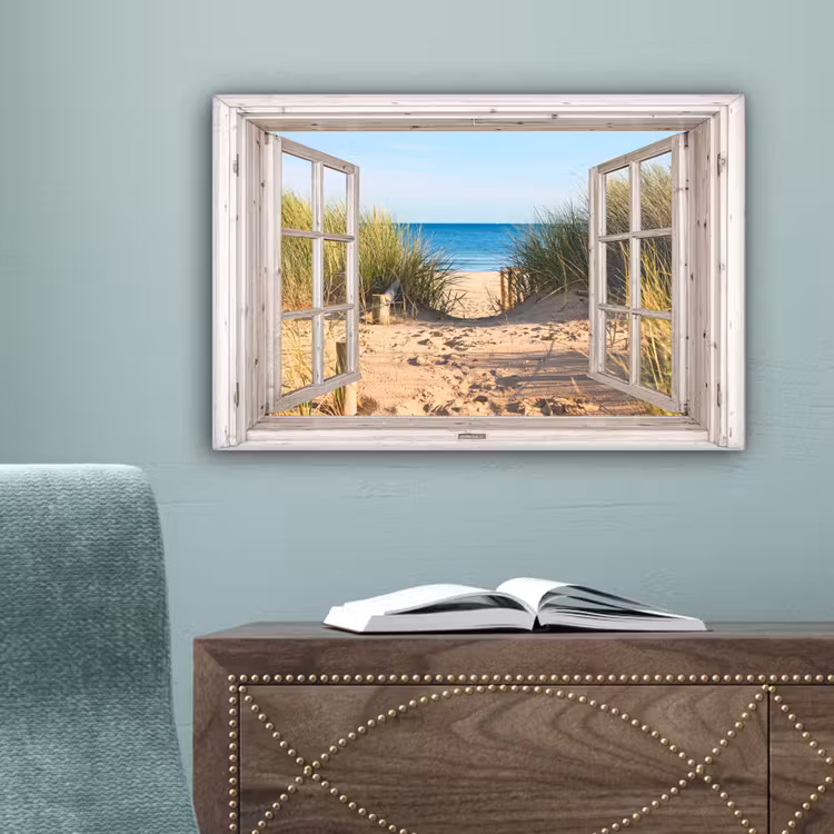 Doorkijk - Strand - Zee - Duinen - Zand - Water - Helmgras canvas 2cm klein -sfeer4