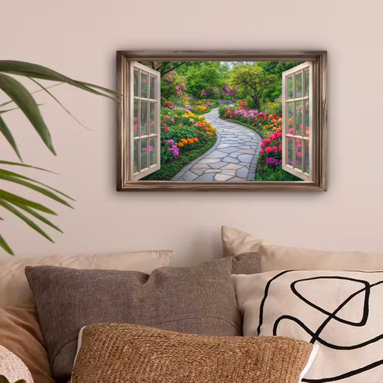 Doorkijk - Bloemen - Tuinpad - Natuur - Raam canvas 2cm klein -sfeer1