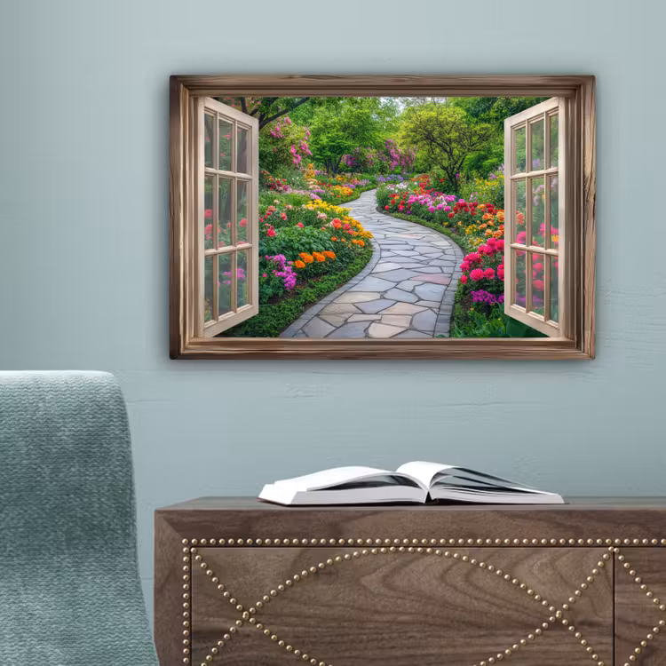 Doorkijk - Bloemen - Tuinpad - Natuur - Raam canvas 2cm klein -sfeer4