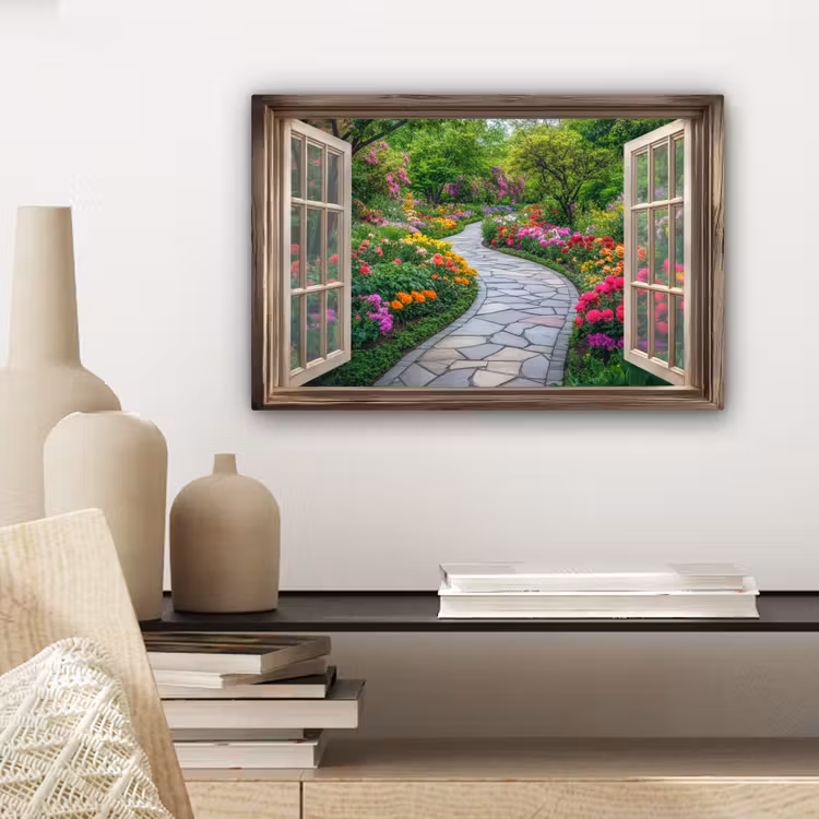 Doorkijk - Bloemen - Tuinpad - Natuur - Raam canvas 2cm klein -sfeer6