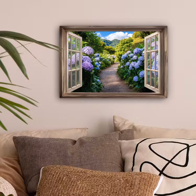 Doorkijk - Hortensia - Pad - Natuur canvas 2cm klein -sfeer1