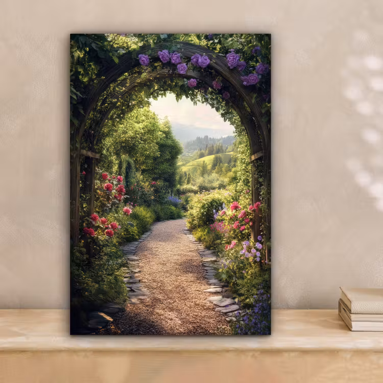 Doorkijk - Landschap - Bloemen - Tuinboog - Natuur canvas 2cm klein -sfeer1