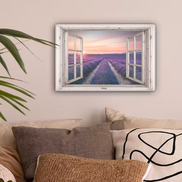 Doorkijk - Lavendel - Bloemen - Hout - Zonsondergang - Paars canvas 2cm klein -sfeer1
