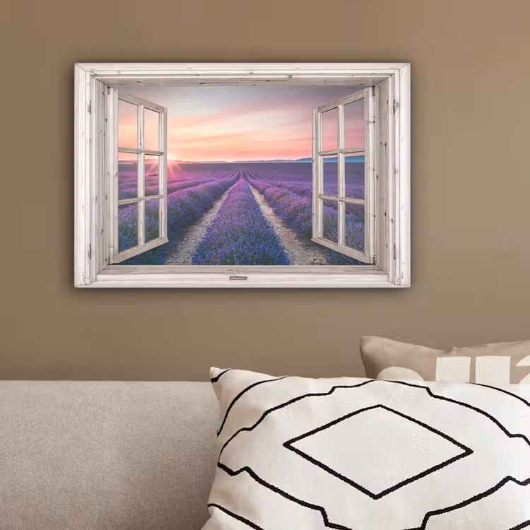 Doorkijk - Lavendel - Bloemen - Hout - Zonsondergang - Paars canvas 2cm klein -sfeer3
