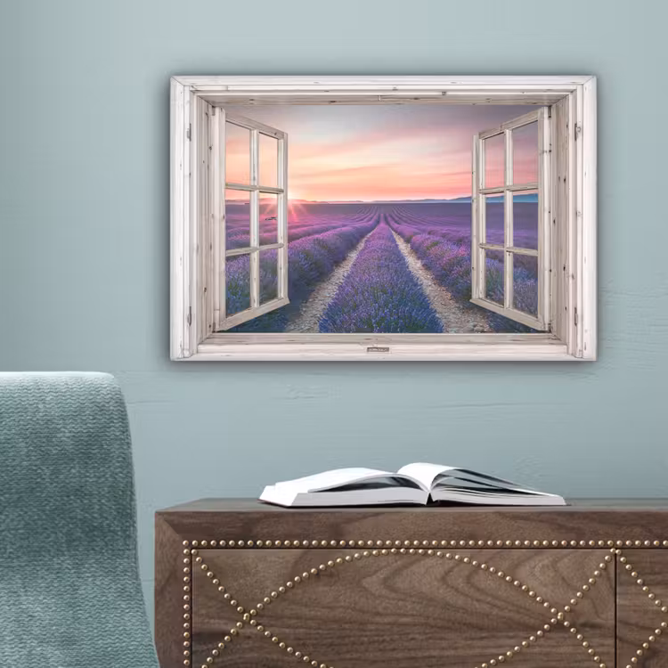 Doorkijk - Lavendel - Bloemen - Hout - Zonsondergang - Paars canvas 2cm klein -sfeer4