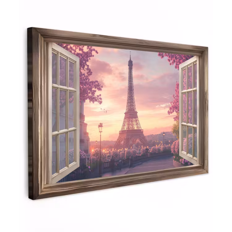 Doorkijk - Parijs - Eiffeltoren - Roze - Kersenbloesem canvas 2cm klein -z3d