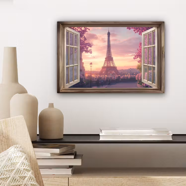 Doorkijk - Parijs - Eiffeltoren - Roze - Kersenbloesem canvas 2cm klein -sfeer6