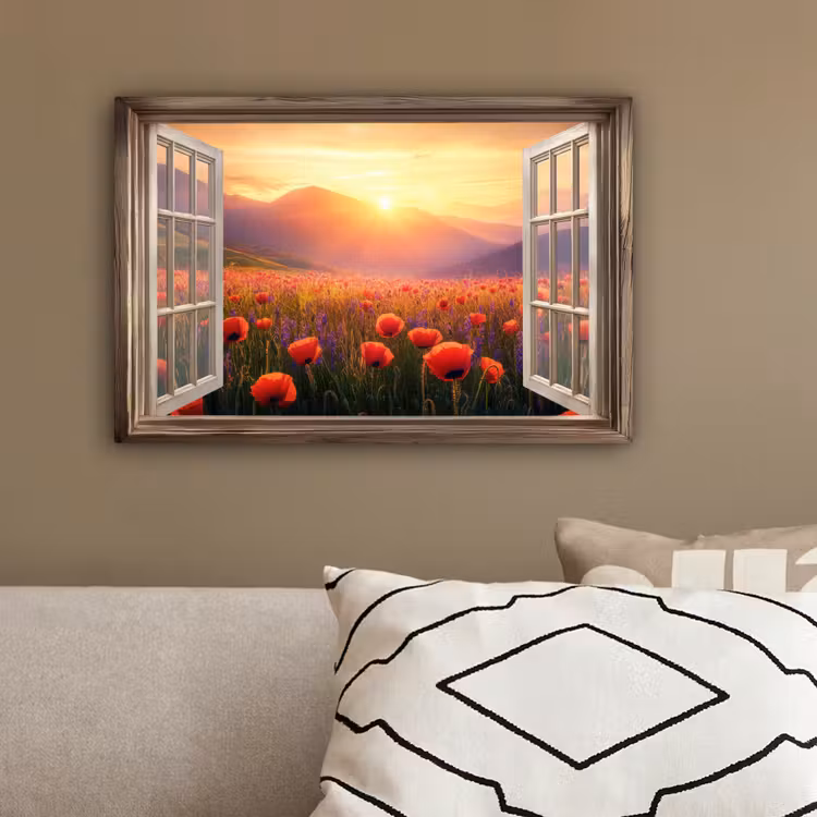 Doorkijk - Klaprozen - Bloemen - Rood - Open raam canvas 2cm klein -sfeer3