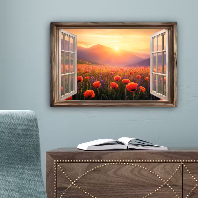 Doorkijk - Klaprozen - Bloemen - Rood - Open raam canvas 2cm klein -sfeer4