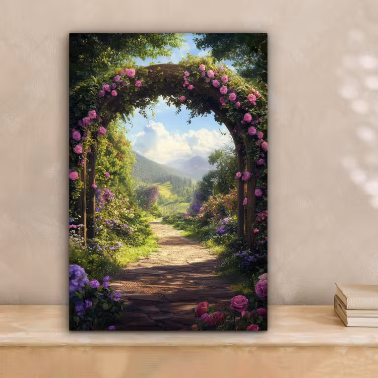 Doorkijk - Rozenboog - Uitzicht - Landschap - Bloemen canvas 2cm klein -sfeer1