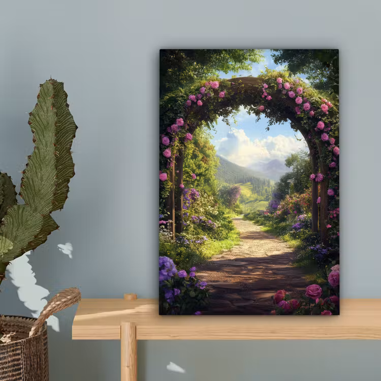 Doorkijk - Rozenboog - Uitzicht - Landschap - Bloemen canvas 2cm klein -sfeer4