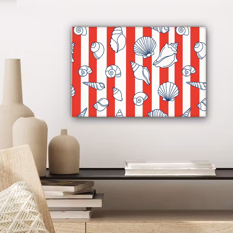 Schelp - Zeedieren - Zomer - Illustratie - Rood - Blauw canvas 2cm klein -sfeer6