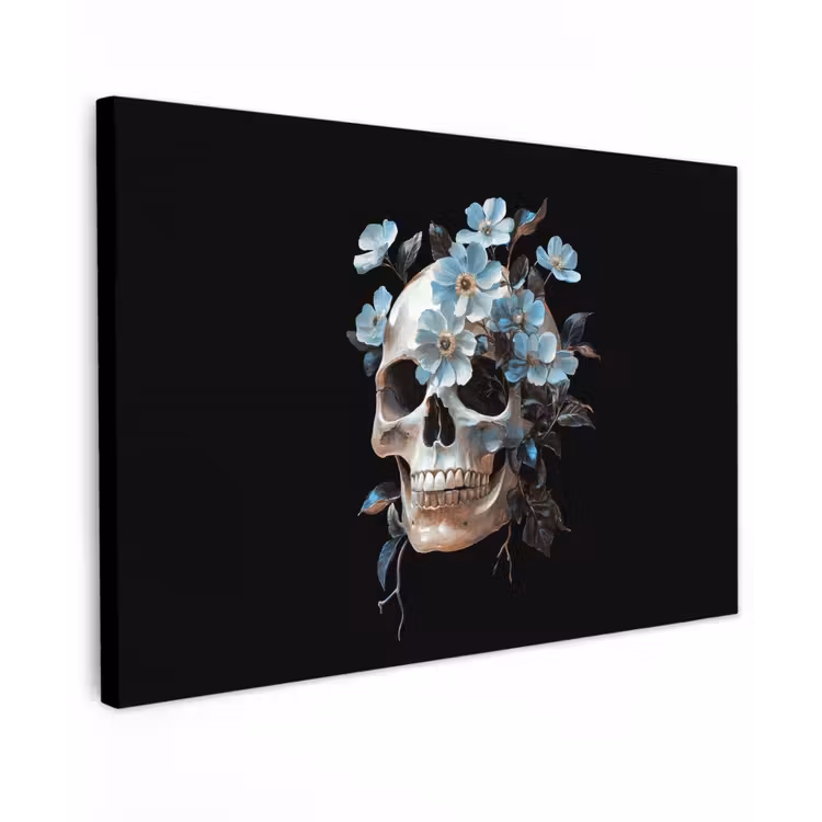 Schedel - Blauw - Bloemen - Bladeren canvas 2cm klein -z3d