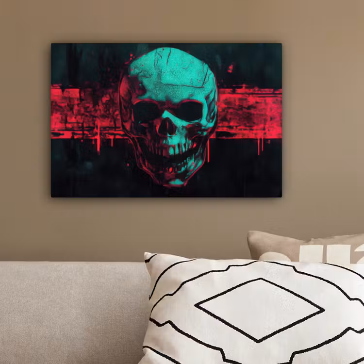 Schedel - Cyberpunk - Neon Rood canvas 2cm klein -sfeer3