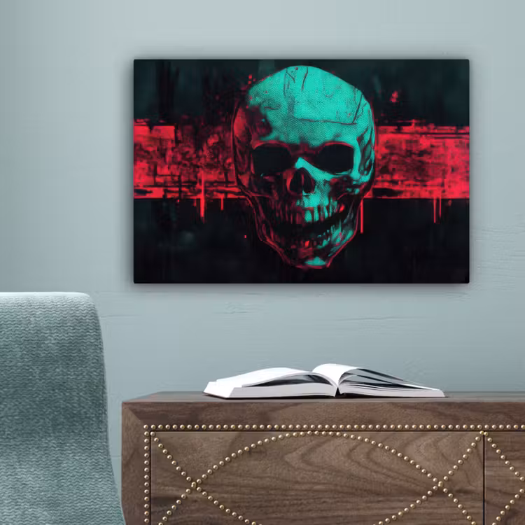 Schedel - Cyberpunk - Neon Rood canvas 2cm klein -sfeer4