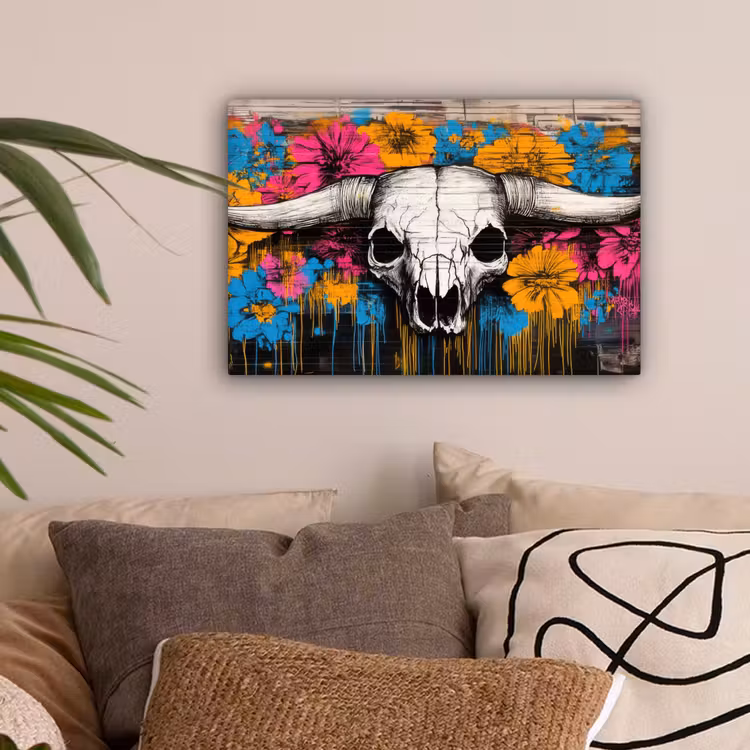 Schedel - Bloemen - Graffiti canvas 2cm klein -sfeer1