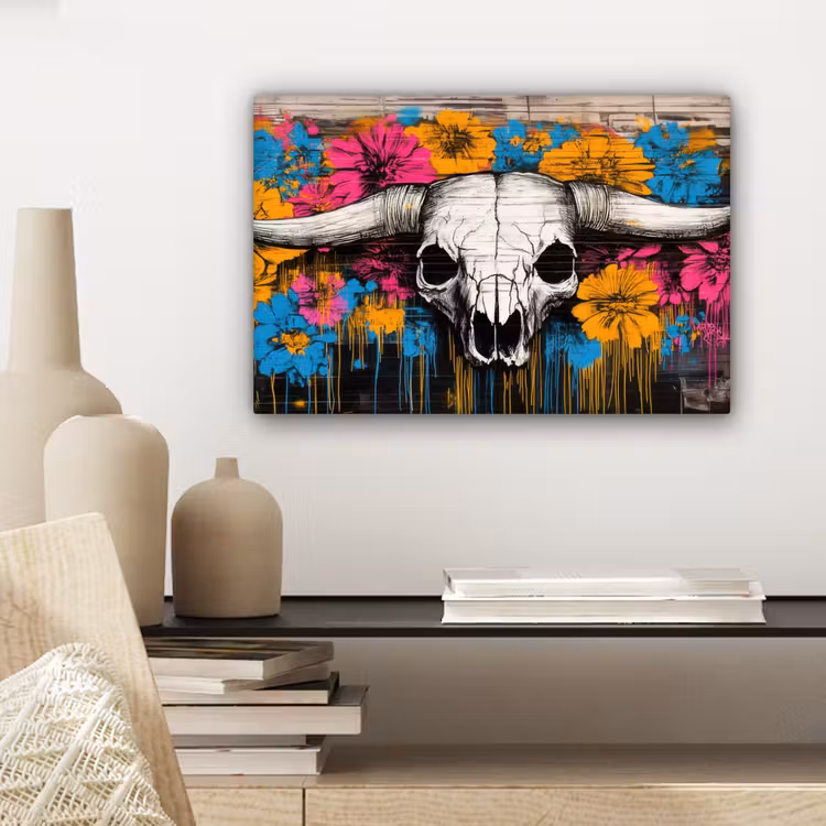 Schedel - Bloemen - Graffiti canvas 2cm klein -sfeer6