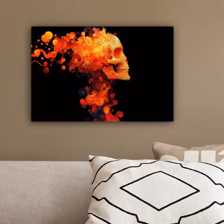 Schedel - Oranje - Zijaanzicht - Vlammen canvas 2cm klein -sfeer3