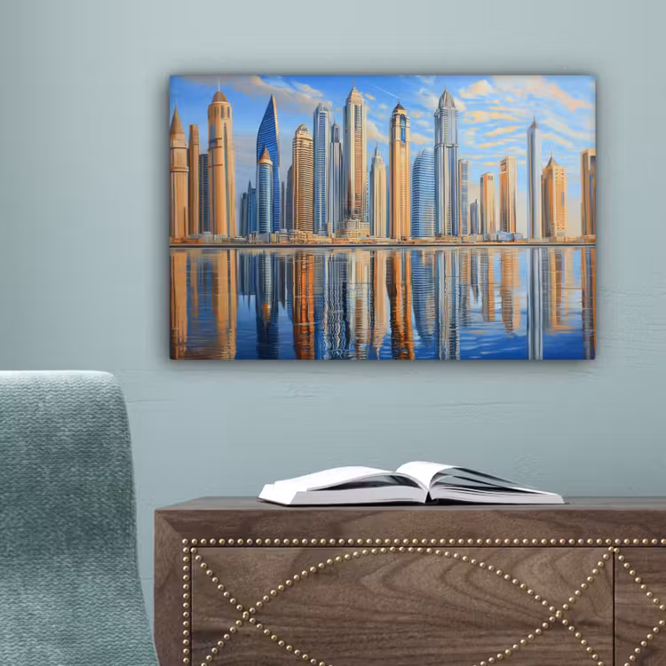 Skyline - Wolkenkrabbers - Water - Blauw canvas 2cm klein -sfeer4