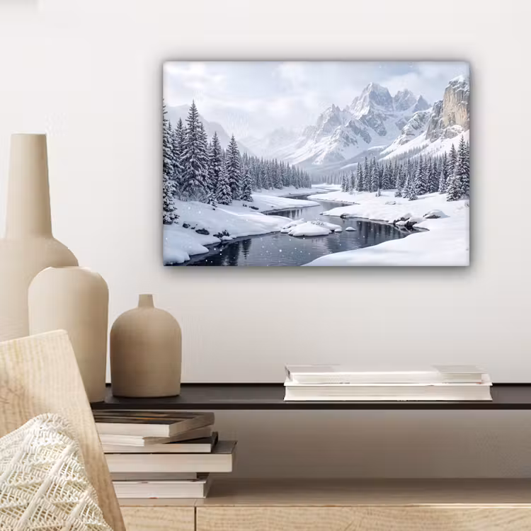 Sneeuwlandschap - Bergen - Rivier - Winter canvas 2cm klein -sfeer6