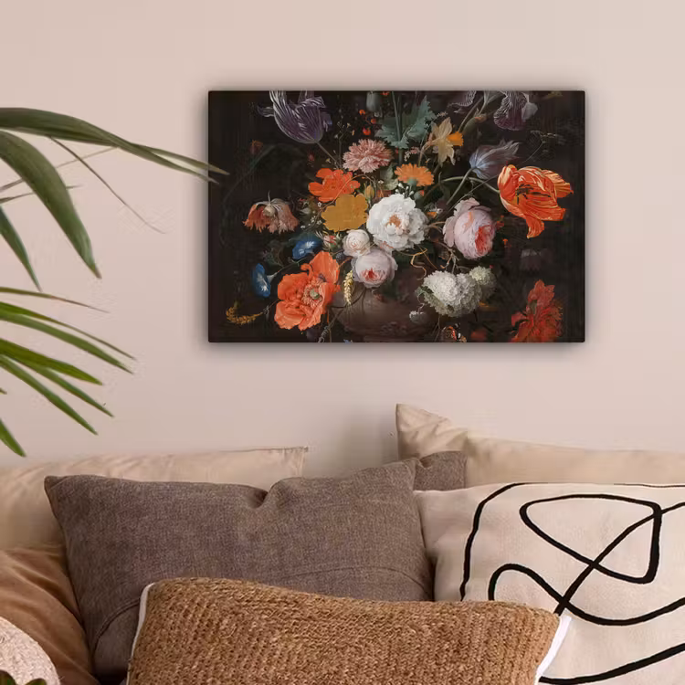 Stilleven met bloemen en een horloge - Schilderij van Abraham Mignon canvas 2cm klein -sfeer1