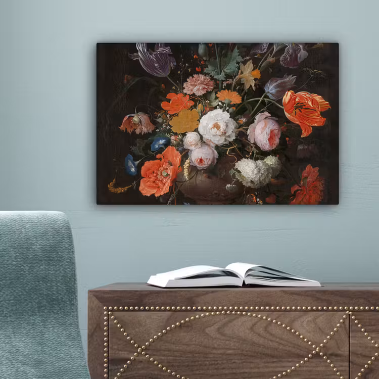 Stilleven met bloemen en een horloge - Schilderij van Abraham Mignon canvas 2cm klein -sfeer4