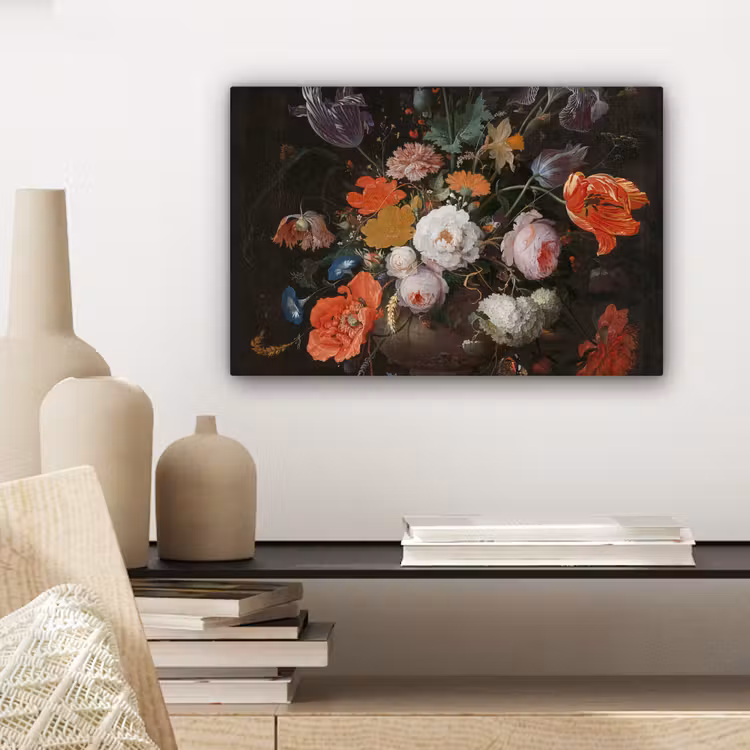 Stilleven met bloemen en een horloge - Schilderij van Abraham Mignon canvas 2cm klein -sfeer6