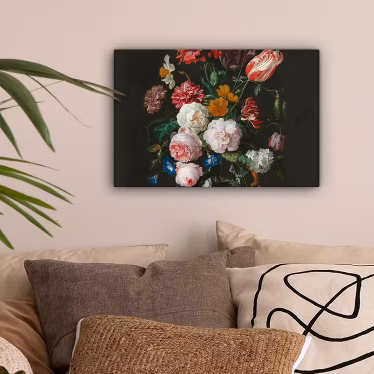Stilleven met bloemen in een glazen vaas - Schilderij van Jan Davidsz. de Heem canvas 2cm klein -sfeer1