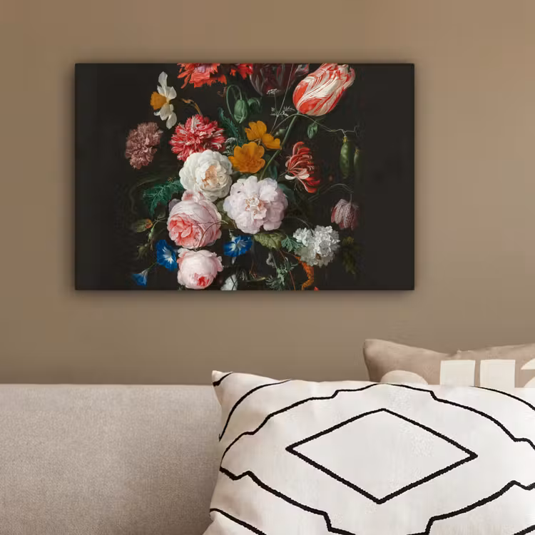 Stilleven met bloemen in een glazen vaas - Schilderij van Jan Davidsz. de Heem canvas 2cm klein -sfeer3